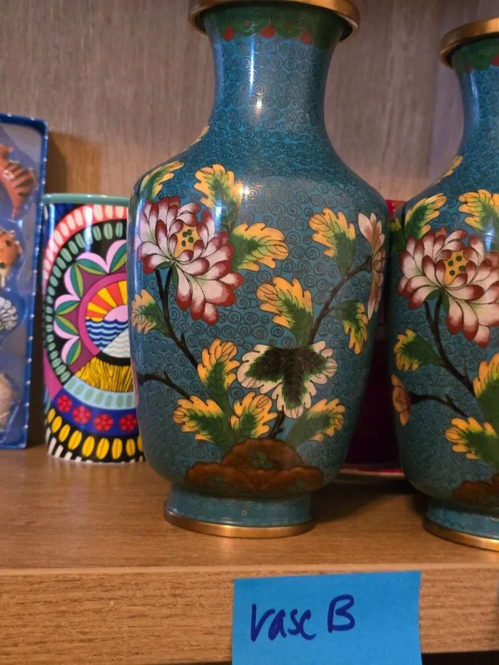 Vintage Cloisonné Vase With Floral Motif Blue & Gold 8.5